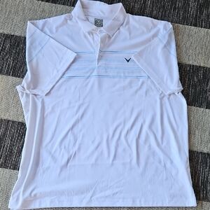 Callaway White Men’s Short-Sleeve Golf Polo with Light Blue Stripes